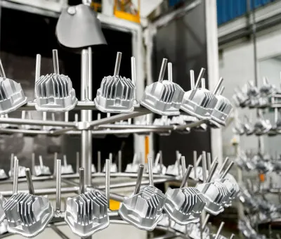 Precision-engineered aluminum die cast LED heat sinks arranged for automated Shot Blasting to ensure optimal thermal dissipation for high-power lighting fixtures.