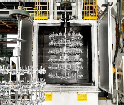 Automated shot blasting system at JoinCast’s Taiwan facility providing uniform surface texturing and scale removal for mass-produced aluminum components