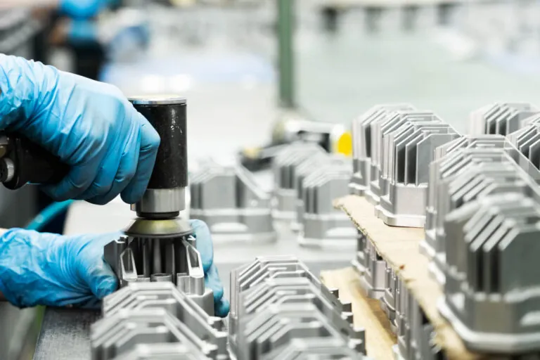 Skilled JoinCast technician performing manual deburring and precision polishing on an aluminum die cast component to ensure a smooth, high-quality surface finish.