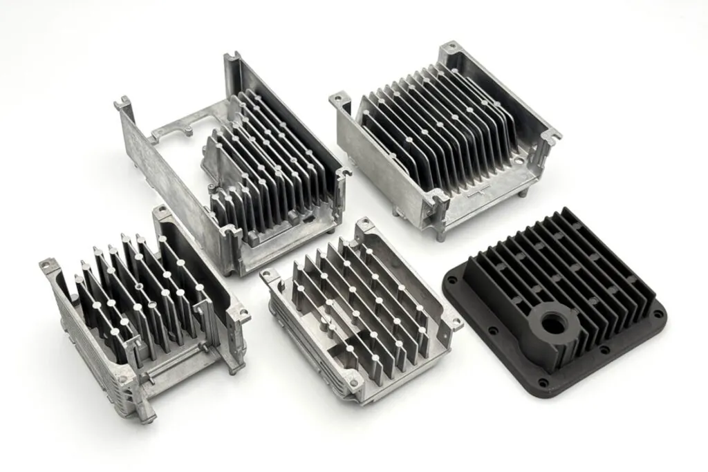A collection of high-performance aluminum die-cast heat sinks and controller housings featuring complex 3D fin geometries for efficient thermal management.