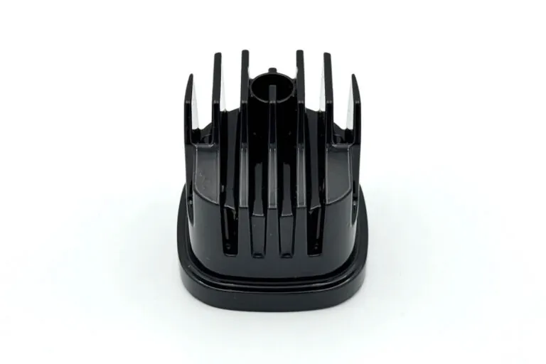 Detailed view of a black finished aluminum die casting with integrated cooling fins designed for high-performance thermal management.